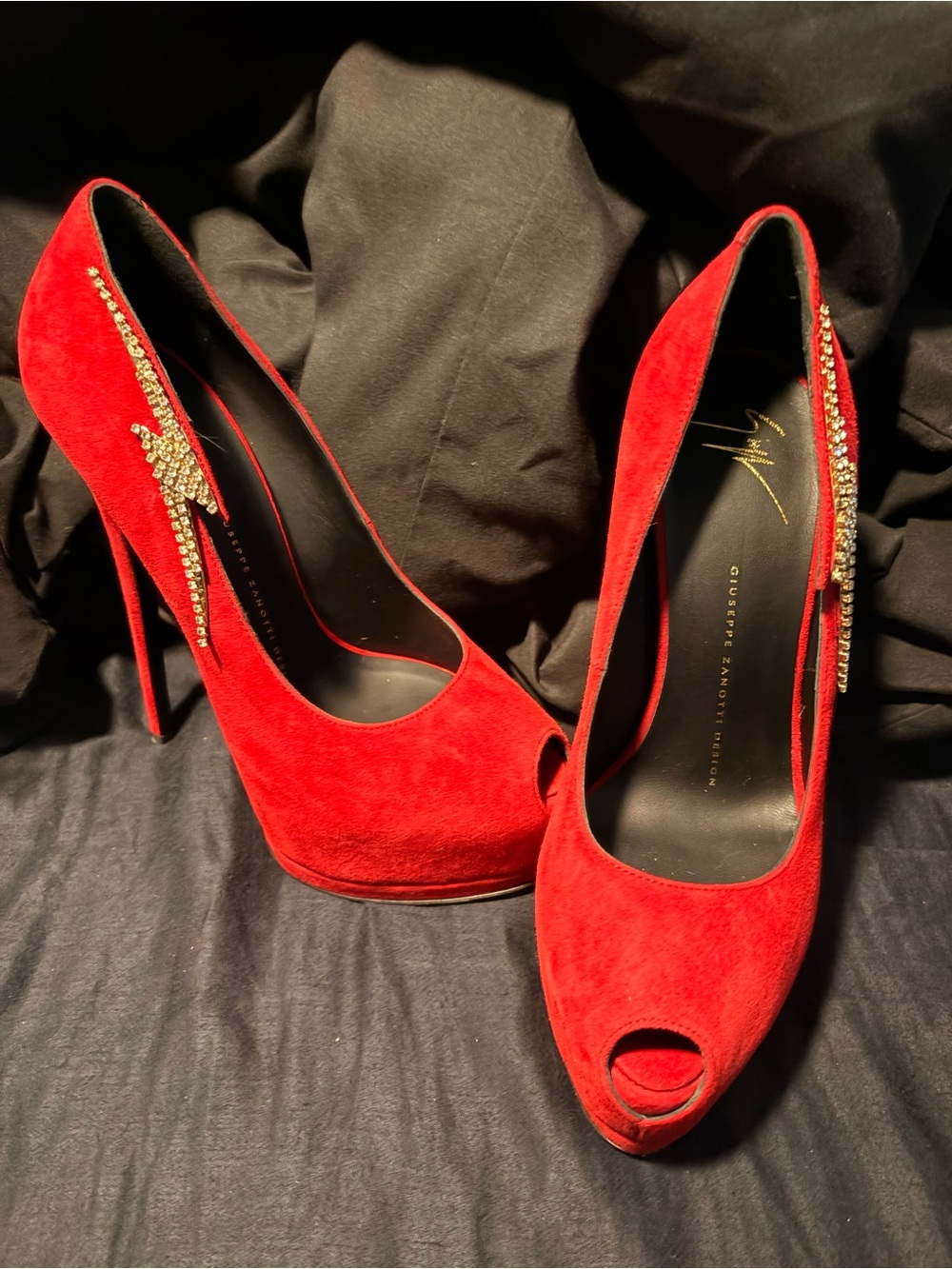 Giuseppe Zanotti Red Suede Crystal-Embellished Peep-Toe Pumps
